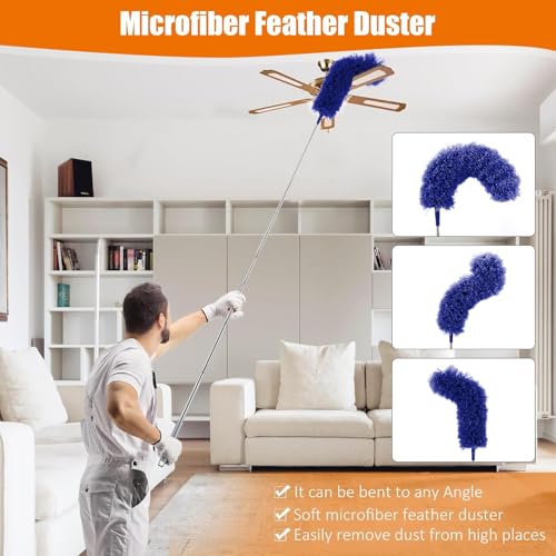 4 Pcs Microfiber Cobweb Duster with 100-inch Extendable Pole, Washable and Reusable Feather Cleaning Duster Kit with 3 Duster Heads,Dusters for Cleaning with Telescopic Pole for High Ceiling Fan,Blue - color: 4pcs-blue