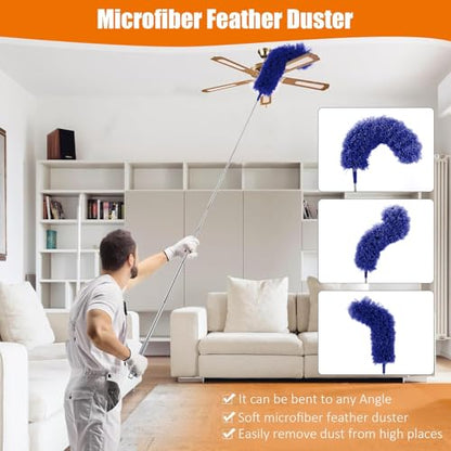 4 Pcs Microfiber Cobweb Duster with 100-inch Extendable Pole, Washable and Reusable Feather Cleaning Duster Kit with 3 Duster Heads,Dusters for Cleaning with Telescopic Pole for High Ceiling Fan,Blue - color: 4pcs-blue