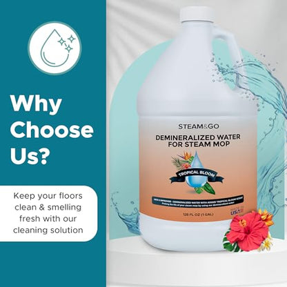Steam & Go Demineralized Water for Steam Mop – Tropical Bloom Scent, 128 Fl Oz | Scented Floor Cleaner Solution, Ready-to-Use, Compatible with Any Steam Cleaner - size: 1 gallon