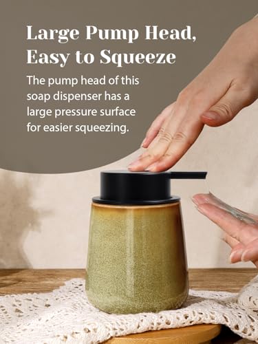 INGOFIN Ceramic Lotion Dispenser - 12 oz Refillable Hand Soap Dispenser Bathroom, Modern Liquid Soap Dispenser with Pump, Dish Dispenser for Kitchen,Kiln-Glazed Earthy Greenish-Brown - color: Kiln-glazed Greenish Brown-liquid