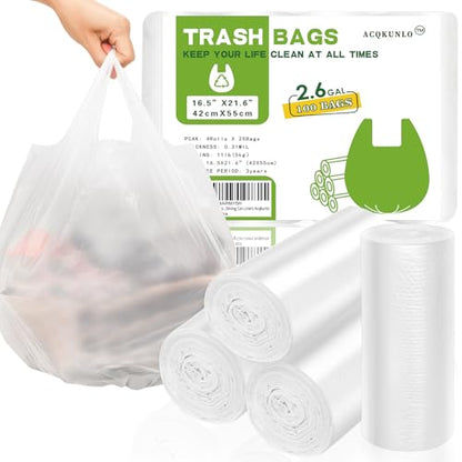 2.6 Gallon Small Trash-Bags Bathroom With-Handles - Kitchen White Garbage Bag 100 Count Little Plastic Unscented Waste Basket Office Car Thick Strong Can Liners Acqkunlo - color: 2.6 gal white 100