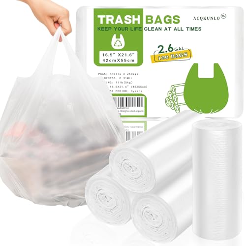 2.6 Gallon Small Trash-Bags Bathroom With-Handles - Kitchen White Garbage Bag 100 Count Little Plastic Unscented Waste Basket Office Car Thick Strong Can Liners Acqkunlo - color: 2.6 gal white 100