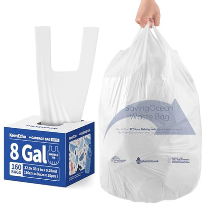 Small Trash Bags with Handles - Ocean Plastic Upcycling - Plastic Garbage Bags, Can Bin & Waste Basket Liner for Kitchen, Bathroom, Office and Pets,8 Gallon 160 Count White - color: 8Gal White, size: 1 DISPENSER BOX