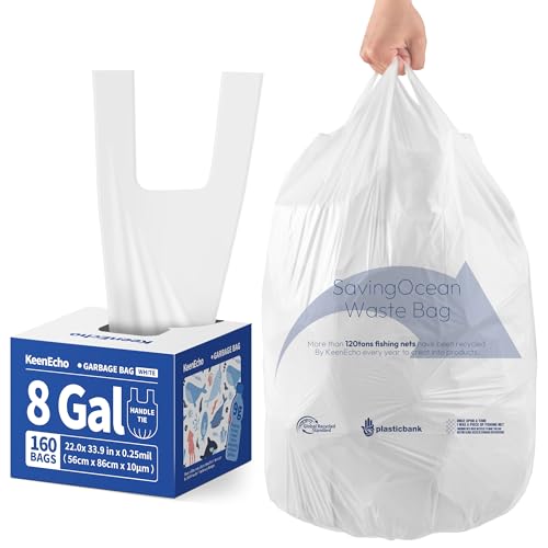 Small Trash Bags with Handles - Ocean Plastic Upcycling - Plastic Garbage Bags, Can Bin & Waste Basket Liner for Kitchen, Bathroom, Office and Pets,8 Gallon 160 Count White - color: 8Gal White, size: 1 DISPENSER BOX