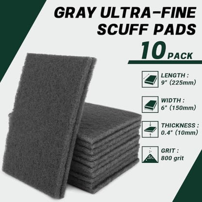 6" x 9" Gray Ultra-Fine Scuff Pads, 10 Pack – Non-Woven Hand Pads for Ultra-Fine Sanding, Cleaning, Scouring, Polishing Prep & Surface Refinement on Auto Body – Reusable Aluminum Oxide Abrasive Pads - color: Gray