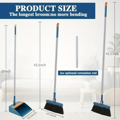 Broom and Dustpan Set, Long Handle Standing Broom with Self-Cleaning Comb Teeth, Heavy Duty Broom Dustpan Combo for Home Kitchen Office Floor Pet Hair Cleaning (Blue) - color: Blue