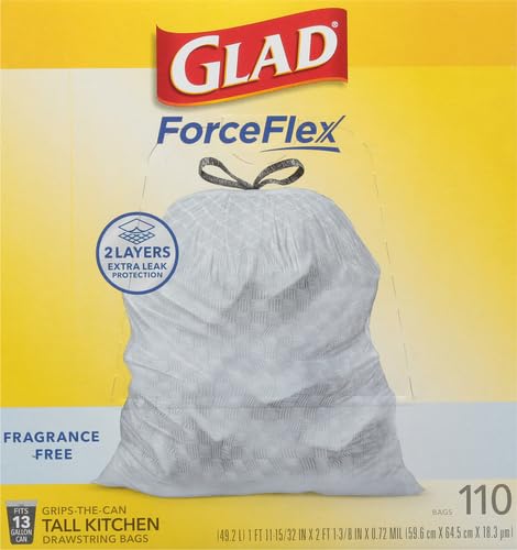 Glad ForceFlex Tall Kitchen Drawstring Trash Bags,13 Gal,Fragrance Free,110 Ct (Package May Vary),(Pack of 3) - size: 110 Count (Pack of 3)