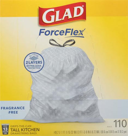 Glad ForceFlex Tall Kitchen Drawstring Trash Bags,13 Gal,Fragrance Free,110 Ct (Package May Vary),(Pack of 3) - size: 110 Count (Pack of 3)