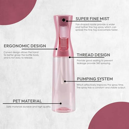 Spray Bottle Mister for Hair - Continuous Mister, Fine Water Mist, Trusted by Professional Salons & Barbers, 10.1oz - Clear Bottle (Rose) - color: Rose