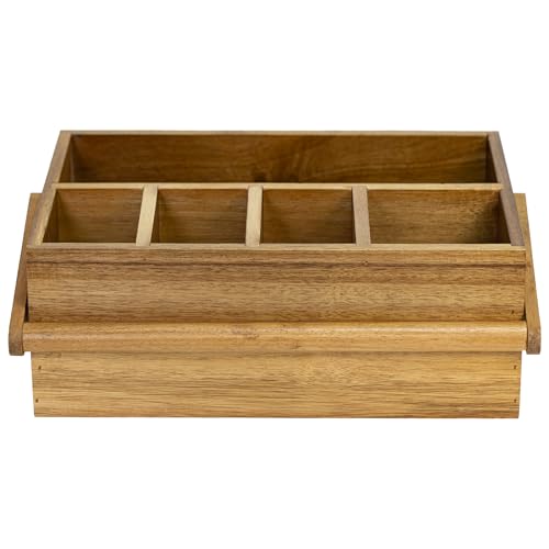 VaeFae Acacia Silverware Caddy with Handle, Wooden Utensil Holder, Mulip-pose Organizer for Kitchen, Office, Bathroom, Bedroom (Large, 5 compartments) - size: Large, 5 compartments