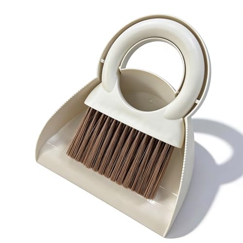 Mini Broom and Dustpan Set with Round Handle, Compact Small Hand Broom with Soft Bristles for Kitchen Counter, Desk, Drawer, Pet Area & Car Interior, Space-Saving Portable Cleaning Tool (Off-White) - color: Off-white