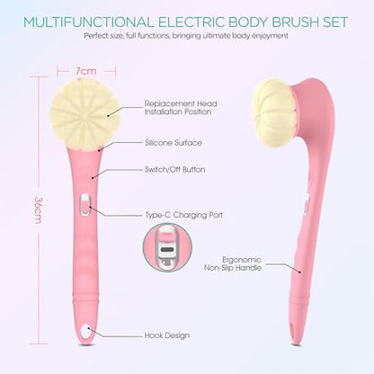 VOYOR Electric Body Brush Back Scrubber Silicone Body Scrubber Two-Way Rotating Brush Head for Deep Cleaning, Exfoliation, 4 Attachments Long Handle IPX6 Rechargeable Shower Brush BC300 (Pink) - color: Pink