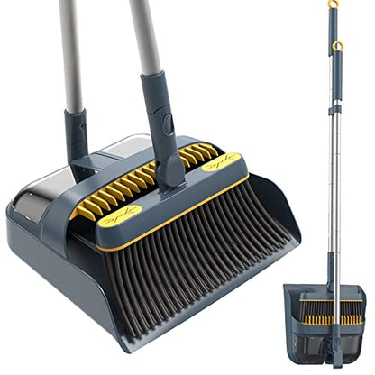 Broom and Dustpan Set for Home, Long Handle Lightweight 180 Degree Rotating Broom Set Indoor, Upright Standing Dust Pan with Comb Teeth, Store Sweep Set for Room Kitchen Office Lobby