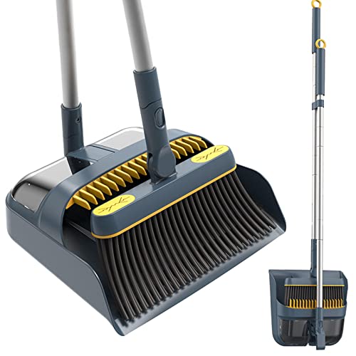 Broom and Dustpan Set for Home, Long Handle Lightweight 180 Degree Rotating Broom Set Indoor, Upright Standing Dust Pan with Comb Teeth, Store Sweep Set for Room Kitchen Office Lobby