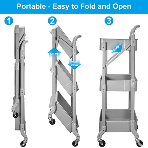 Foldable 3 Tier Metal Utility Rolling Cart, Folding Mobile Multi-Function Storage Trolley Organizer Cart for Home Library Office(Grey) - color: Gray