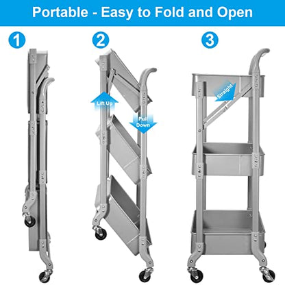 Foldable 3 Tier Metal Utility Rolling Cart, Folding Mobile Multi-Function Storage Trolley Organizer Cart for Home Library Office(Grey) - color: Gray