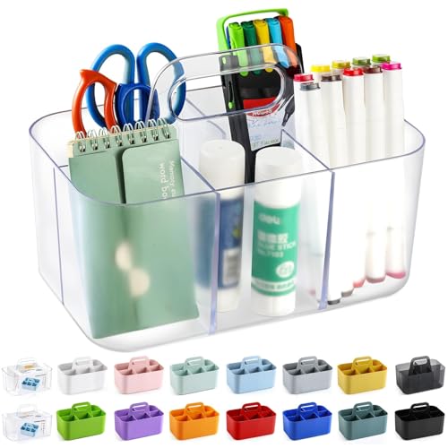 Multiuse Caddy Organizer with Handle, Portable Plastic Tote Bin - Art Craft, Stationary Pen Marker Crayons, Makeup Hair Supplies Storage - Bathroom, Classroom, Dorm, Office, Desk Holder -Frosted Clear - color: Frosted Clear