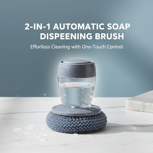 Sakerplus Dish Brush Kitchen Soap Dispensing Palm Brush, Comfort Grip Soap Dispensing Kitchen Scrub, Palm Brush Dish Scrubber with Holder for Kitchen Sink (2, Light Gray, PET) - color: Light Gray