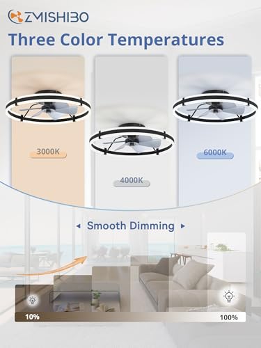 ZMISHIBO 24 Inch Ceiling Fans with Lights and Remote, Modern Low Profile Ceiling Fan, 3000-6000K Dimmable Flush Mount LED Fan Light, 6 Wind Speeds, Fandelier Ceiling Fans for Bedroom- Black - color: Black, size: 24 INCH