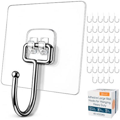 GLUIT Adhesive Large Wall Hooks for Hanging Heavy Duty 22 lbs Hooks for Walls No Drill, Towel Sticky Clear Hooks, Waterproof, Home, Bathroom, Kitchen, Office, and Outdoor 40 Pack - size: Large, 40 pcs
