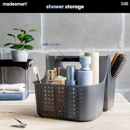madesmart Large Portable Shower Caddy, Hold Soap, Shampoo, Hair Supplies and Beauty Products, Cleaning Supplies Organizer for Home, Dorm, Plastic Shower Tote, Soft Handle, Carbon