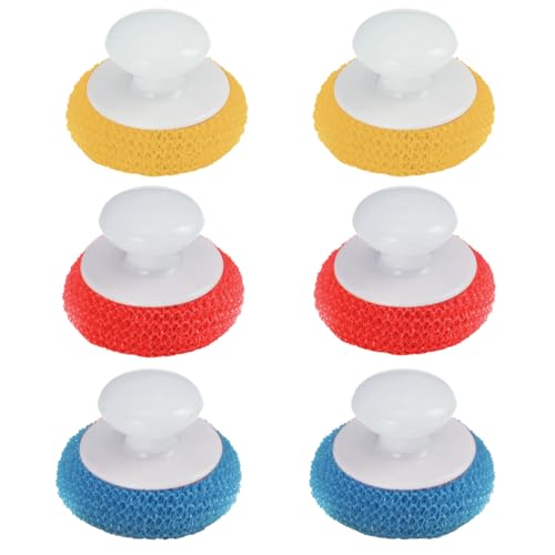 LOLA Plastic Mesh Non-Scratch Scouring Pad, 6 Pack, Hand Saving Comfort Knob, Red, Blue or Yellow It's Random, Clean Pots, Pans, Sinks - size: 6 Pack, style: Standard with knob