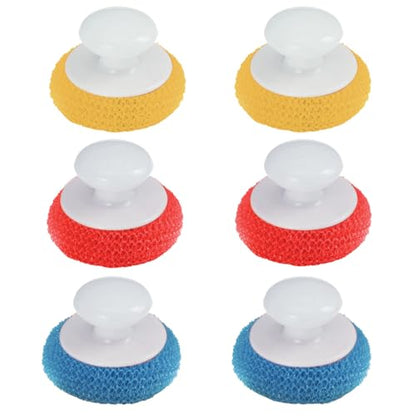 LOLA Plastic Mesh Non-Scratch Scouring Pad, 6 Pack, Hand Saving Comfort Knob, Red, Blue or Yellow It's Random, Clean Pots, Pans, Sinks - size: 6 Pack, style: Standard with knob