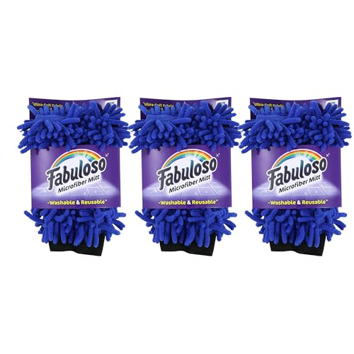 Fabuloso Microfiber Cleaning Mitt Glove, Lint-Free Scratch-Free Dusting and Washing for Furniture, Blinds, Baseboards, Shelves and Car Interior, One Size Fits All, Blue, 3-Pack - color: Blue, size: 3 Count