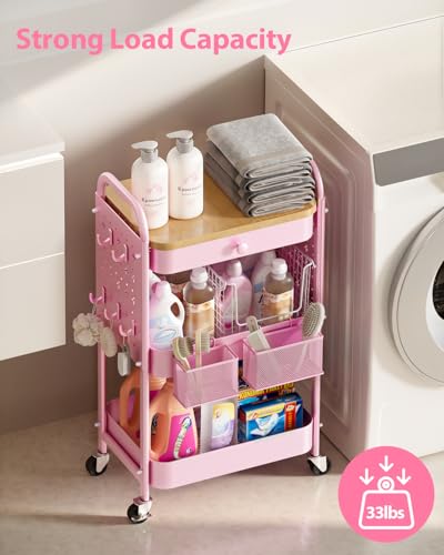 ALVOROG Rolling Cart with Drawer and Wood Table Top, 3 Tier Metal Rolling Utility Cart on Wheels with DIY Pegboards, Hanging Baskets,Hooks for Kitchen, Bedroom, Office, Craft Supplies - color: Cherry Blossom Pink