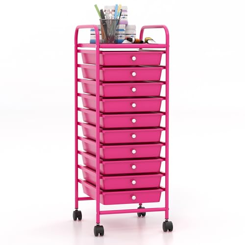 Giantex 10-Drawer Storage Cart w/Universal Wheel, Rolling Cart w/Handle, Home Organizer Storage Unit w/Removable Drawers, Trolley Utility Cart for Kitchen Makeup Living Room Office Play Room, Hot Pink - color: Hot Pink, size: 10 Drawer-13"x15"x34"