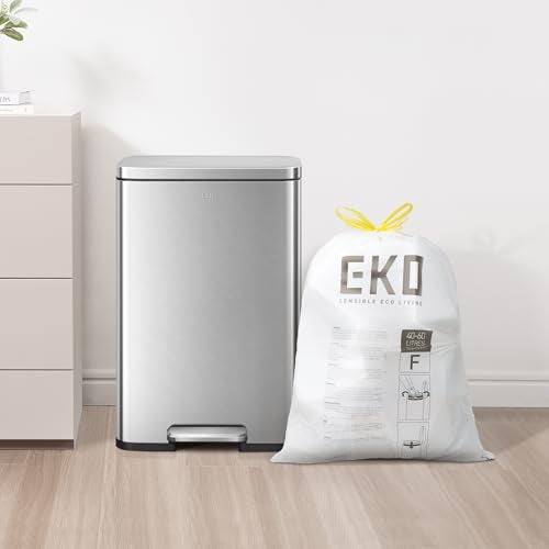 EKO 13 Gallon / 40-60 Liter,110 Count Drawstring Trash Bags, Extra-Strong Unscented Garbage Bags, Easy-Dispense Roll for Kitchen & Household Use, Resists Tears, Leaks and Punctures, Code F, White - size: 110 Count (Pack of 1), style: 13 Gallon Bags/Code F