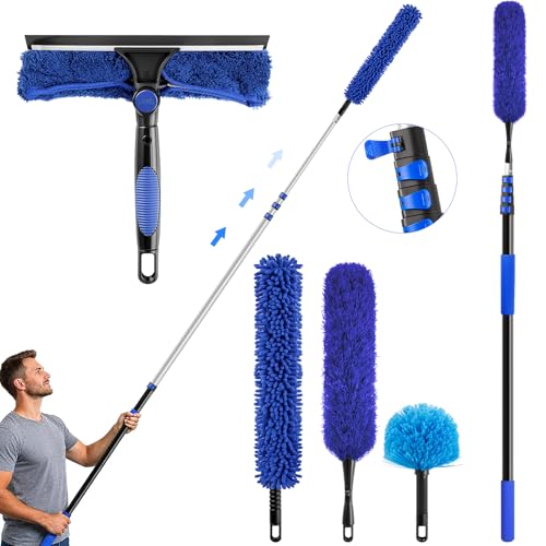 wlich 26ft High Reach Duster Kit, Aluminum 5-20ft Fan & Window Cleaner Set, Versatile Dusting Set with 5 Replaceable Heads for Cleaning Fans, Windows, and Hard-to-Reach Areas Outdoors Without Ladder