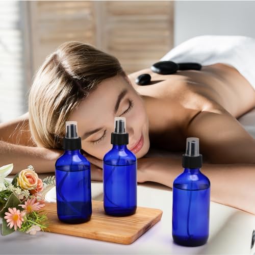 Norme 12 Pcs 8 oz Glass Spray Bottles with Funnels and Labels Refillable Cosmetic Empty Spray Bottles with Sprayer Containers for Essential Oil Cleaning Solutions(Blue,Stylish) - color: Blue, style: Stylish