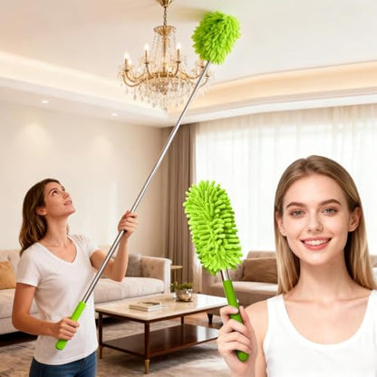 Extendable Microfiber Duster, Telescoping Dusting Brush for Home and Car Cleaning, Adjustable Length, Soft and Flexible - color: Elongated Green