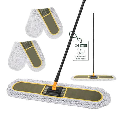 24" Commercial Dust Mops for Floor Cleaning with 2 Replacement Mop Pads, Heavy Duty Large Dust Mop for Hardwood Floors, Industrial Wet Dry Floor Duster for Office Garage Warehouse Factory Mall - size: 24 inch