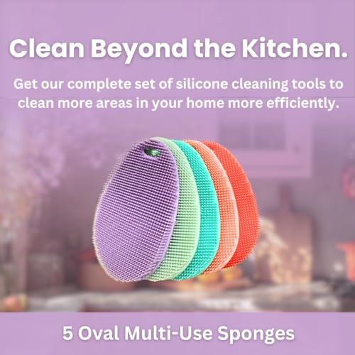Silicone Sponge Dish Scrubber - Food Grade Silicone Dish Scrubber and Housecleaning - BPA Free Silicone Kitchen Scrubber [5 Pack Ovals Spring] - color: Spring