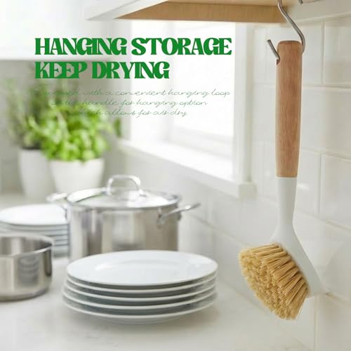 Dish Brush with Handle Wood Built-in Scraper, Scrub Brush for Pans, Pots, Saucepan, Kitchen Brushes for Sink and Stove, Yellow