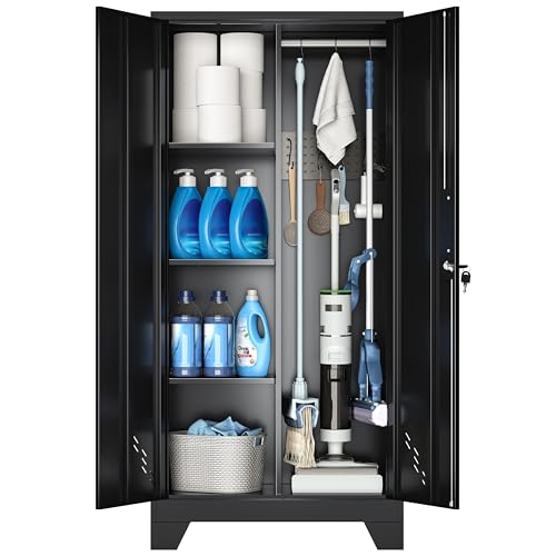 VASAAOSD 61" Broom Closet Storage Cabinet, Metal Garage Utility Cabinets | Metal Storage Cabinet with Hanging Rod and Locking Doors, Mop and Broom Organizer, Cleaning Tool Cabinets for Garage,Bathroom - color: 61"h Black