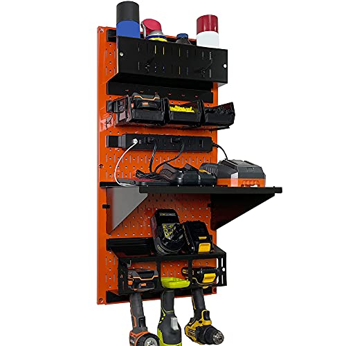 Wall Control Power Tool Storage Organizer Kit Cordless Drill Holder Charging Station Rack 16” x 32” Metal Pegboard Organization System (Orange Pegboard) - color: Orange Pegboard