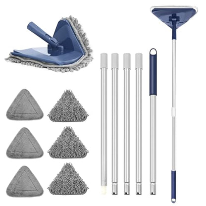 Wall Cleaner Mop with 82" Handle, 360° Rotating Triangle Head and Microfiber Pads, Built-in Squeegee for Ceiling Mop, Baseboard Cleaning and Windows - color: Blue