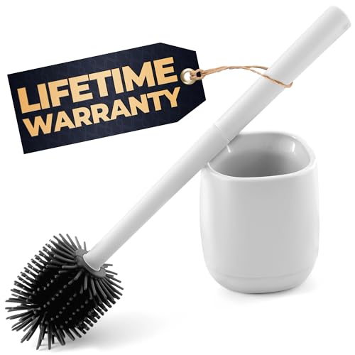Toilet Brush and Holder Set - Silicone Toilet Bowl Brush with White Holder Base, Compact Bath Accessory for Small Spaces - Easy to Place and Simple to Store After Use, Plastic Bathroom Cleaning Tool - color: White