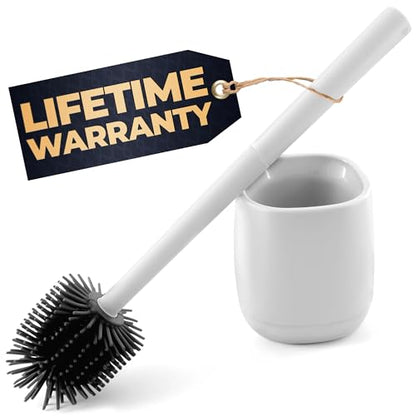 Toilet Brush and Holder Set - Silicone Toilet Bowl Brush with White Holder Base, Compact Bath Accessory for Small Spaces - Easy to Place and Simple to Store After Use, Plastic Bathroom Cleaning Tool - color: White