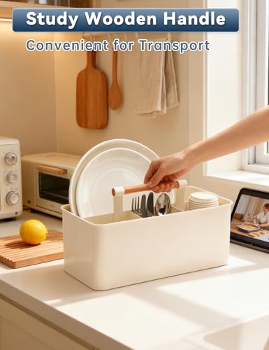 Caddy Organizer with Wooden Handle, Metal Utensil Caddy with 4 Compartments, Picnic Caddy Paper Plate Organizer Utensil Holder for Party - color: Cream
