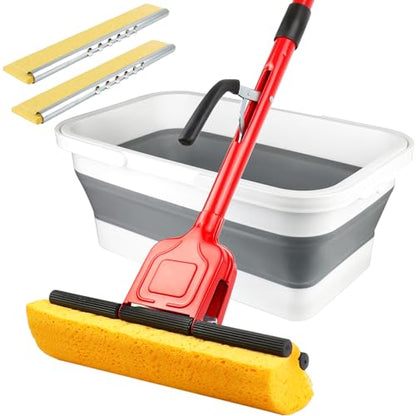 Cellulose Sponge Pop Up Sponge Mop with 2 Swop Roller Sponge mop Suitable for Wood, Ceramic Tiles and Other Flat Floors (1 Handle and 2 Heads with Bucket) (White red) - color: White Red