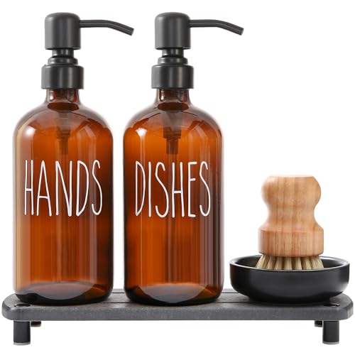 MOMEEMO Amber Glass Soap Dispenser Set Comes with Stainless Steel Pumps, Instant Dry Tray, and Dish Scrub Brush, Suitable for Soap Dispenser for Kitchen Sink. (Amber) - color: Amber1