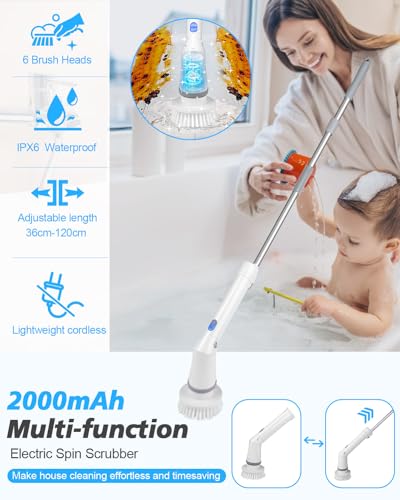 Electric Spin Scrubber Cordless,Power Scrubber Shower Cleaning Brush 400rpm,Bathroom Scrubber with 6 Replaceable Drill Brush Head, Adjustable Long Handle IPX6 for Clean Tile Tub Grout Toilet Car