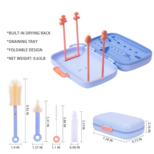 7in1 Travel Bottle Cleaner kit with Baby Bottle Brush and Bottle Drying Rack,Swift Cleaning, Easy Portability(Blue) - color: Blue