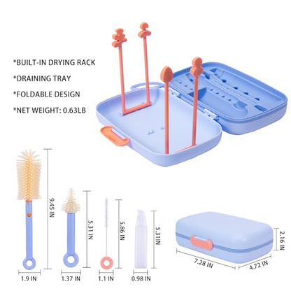 7in1 Travel Bottle Cleaner kit with Baby Bottle Brush and Bottle Drying Rack,Swift Cleaning, Easy Portability(Blue) - color: Blue