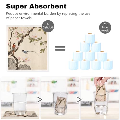 5 Pcs Watercolor Red-Crowned Crane Swedish Dishcloths, Traditional Themed Swedish Dishcloth, Artistic Dish Cloths for Drying Dishes, Reusable Cleaning Cloths, Housewarming Gifts for Women - color: Lm 04252