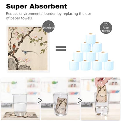 5 Pcs Watercolor Red-Crowned Crane Swedish Dishcloths, Traditional Themed Swedish Dishcloth, Artistic Dish Cloths for Drying Dishes, Reusable Cleaning Cloths, Housewarming Gifts for Women - color: Lm 04252